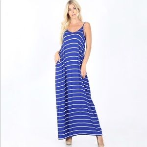 3-Pack Royal Blue Striped Pocket Maxi Dress